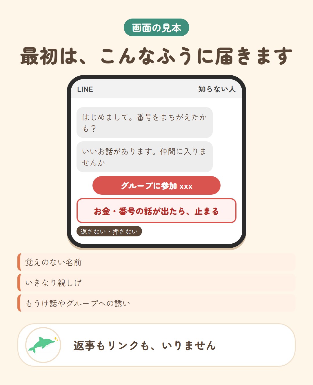 知らない人から届くLINEの例。気軽なあいさつから、グループへの誘いに進む画面の見本