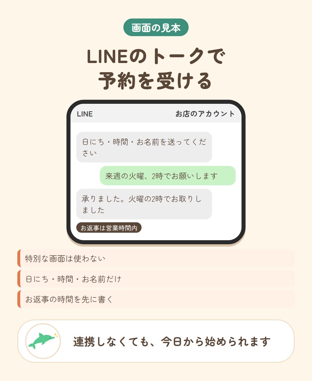 LINEのトークで、日時を送るだけで予約を受ける画面の見本